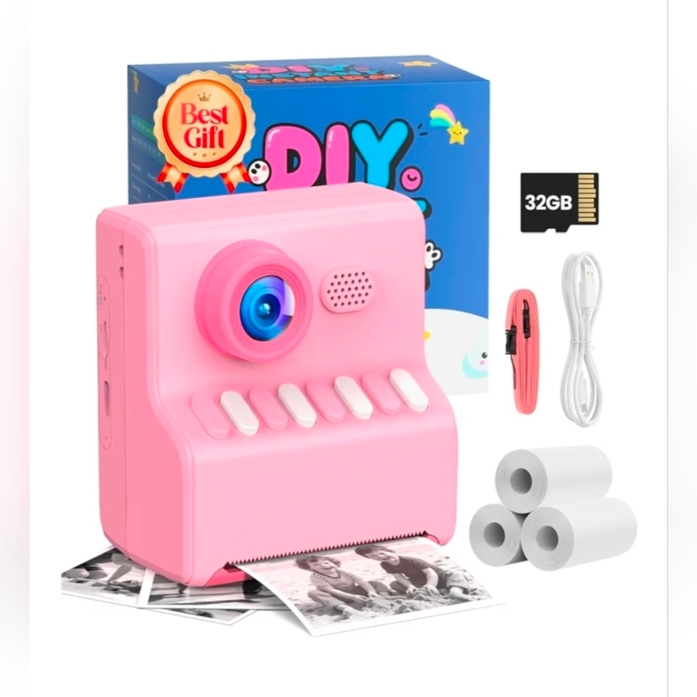 Kids Camera Instant Print Pink, 32G Instant Print Camera for Kids -1080P HD, New